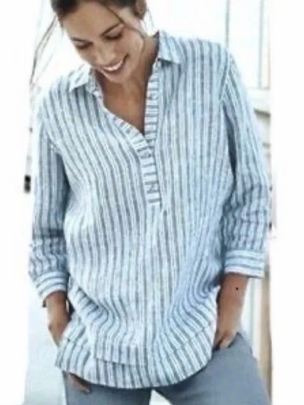 J. Jill Blue and White Striped Linen Shirt